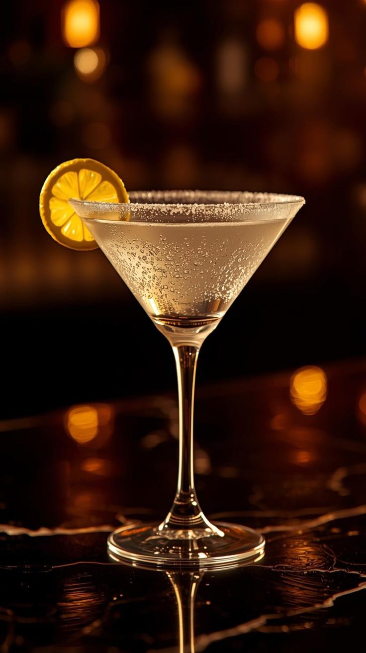 A sugar-rimmed martini glass of golden Aurix with a lemon wheel, in warm bar light